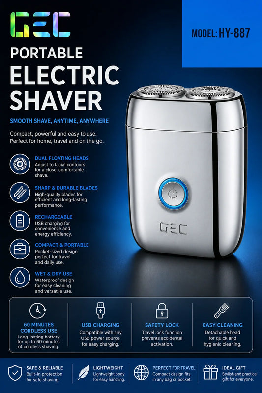 GEC HY-887 Mini Men's Electric Shaver – Dual Rotary Wet & Dry Razor