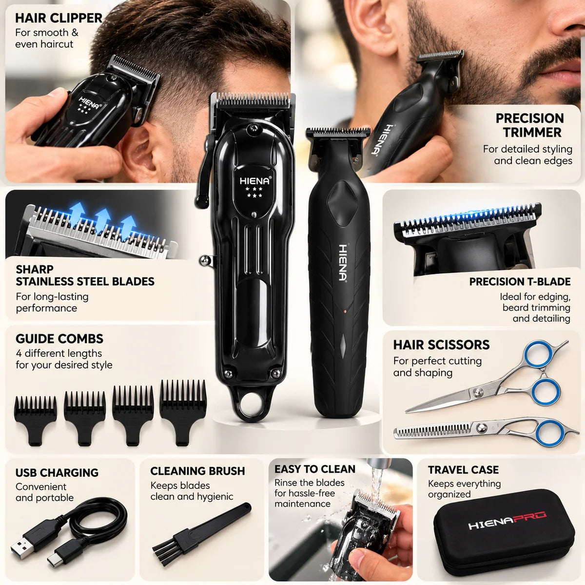 Hiena Professional Hair Clipper & T-Blade Trimmer Kit for Men
